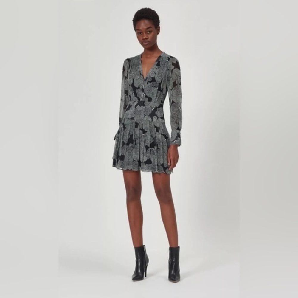 Equipment Black Floral Print Long-Sleeve Mini Dress